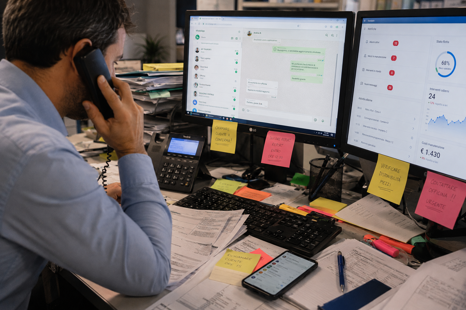 Ufficio amministrativo nel caos tra telefonate, post-it e schermi